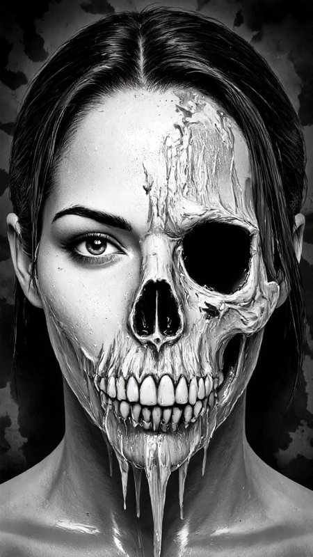 highly detailed, black-and-white digital illustration depicting a surreal and haunting scene. The central subject is a woman's face, with her eyes open and her dark hair framing her face. Her expression is neutral, but the overall tone is eerie due to the juxtaposition of her face with a skeletal skull, which occupies the lower half of her face. The skull's eye socket is filled with a dark, hollow void, adding to the unsettling atmosphere. 
The woman's face is covered in a thick, viscous substance that appears to be dripping down from her mouth, creating a disturbing visual effect. This substance is rendered in a highly detailed, almost pixelated texture, with streaks and lines suggesting movement or fluidity. The background is a gradient of dark, indistinct shapes, which further enhances the eerie and dreamlike quality of the image. The overall style is reminiscent of digital art with a strong emphasis on texture and detail, blending elements of horror and surrealism. The contrast between the smoothness of the woman's skin and the rough, skeletal texture of the skull is striking. This image is likely intended to evoke strong emotions and provoke thought about mortality and the human condition.,aidmaimageupgrader, aidmaMJ6.1 <lora:aidmaMJ6.1-FLUX-v0.5:0.7> <lora:aidmaImageUprader-FLUX-v0.3:0.4>