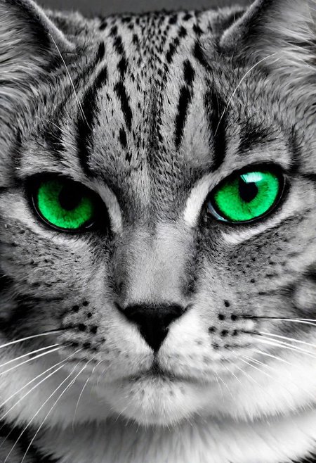 cats face, (Black and white image, Green Accent)