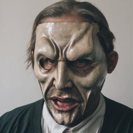 a man wear a realistic mask<lora:Creepy_Masks:1>