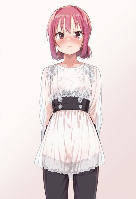 score_9, score_8_up, score_7_up,source_anime,(close up:1.3), front view,
 1girl,pink hair, slender, tsurime, jitome, blush,nose blush, dress, arms behind back,  closed mouth ,simple background,beautiful scenery, outdoors, , looking at viewer, earings, looking at viewer,,long  sleeve shirt, tyontyon, clothed, (pants:1.1) <lora:tyontyon-02:1.2>