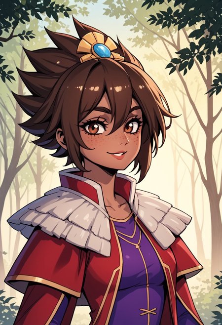 score_9, score_8_up, score_7_up, score_6_up, score_5_up, score_4_up, score_9, score_8_up, score_7_up, detailed, intricate details, chromatic aberration,  veins source_anime, , (best quality) , (highly detailed) ,((masterpiece)), ((best quality)), (ultra-detailed), ((extremely detailed)), (high resolution), 4K, (8K), best quality, (beautiful), (dynamic lighting), (super detailed skin), sharp focus, (1_girl, solo focus),  score_9,score_8_up,score_7_up,anime coloring, big eyes BREAK source_anime,anime, TaliyahLoLXL, dark skin, tanned skin, Dark skin female, dark skined, freckles, brown eyes, brown hair, short hair, sidelocks, hair between eyes, hair ornament, spiked hair, medium breasts, stone capelet, cape, red jacket, purple dress, solo,  front view, (portrait, upper body), solo focus, seductive smile, looking at viewer, forest, tree <lora:TaliyahLoLXL:0.9>
(Upper body, portrait) , phantom_ix_row_style, masterpiece, best quality, <lora:PhantomIxRowStyle:0.9>, "Closer to artist's style"