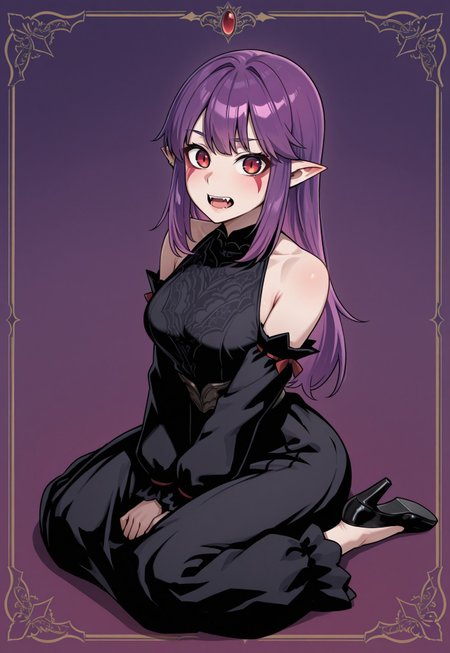 safe_pos, masterpiece, best quality, amazing quality, very detailed, 
esilRadiru, 1girl, solo, pointy ears, black dress, dress, purple hair, long hair, detached sleeves, sitting, open mouth, vampire, red eyes, breasts, bare shoulders, looking at viewer, hand between legs, between legs, fang, wariza, purple background, fangs, facial mark, black footwear, full body, sleeveless dress, v arms, sleeveless, high heels, black sleeves
