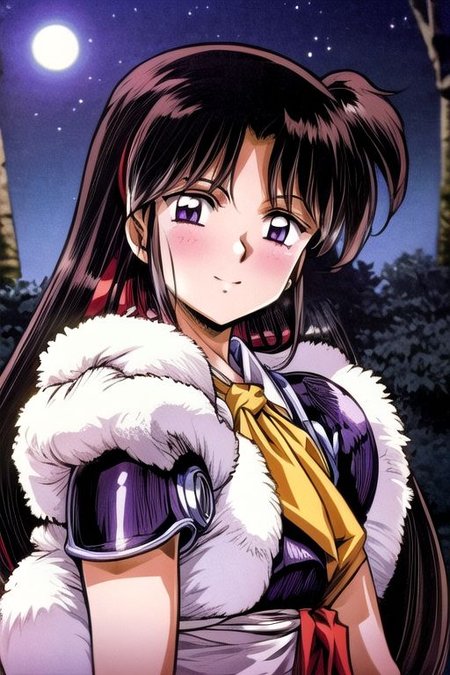best quality 1girl Setsun4 solo long hair,  (night time) forest background black hair very long hair purple eyes multicolored hair armor, small, (fur trim) (medium body),<lora:EMS-179-EMS:0.800000>,<lora:EMS-293862-EMS:0.800000> bow, hair_bow, hair_tubes, red_bow, brown_hair, long_hair, bangs, ascot, frilled_bow, yellow_ascot, blush, smile, hair_between_eyes, athletic, armor, miko, strengthmda,  Smiling, happy, helmet