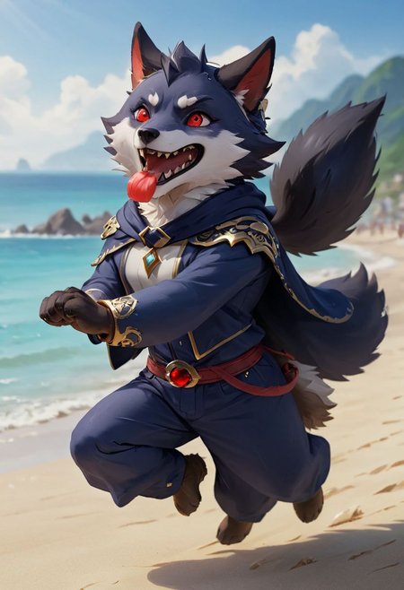 furry wolf, gray wolf, chibi, with red eyes,  beach,
pants or shorts, furry body
full-length frontal view, flight phase during running, legs above the ground, wind blowing the cloak, fast running,
Hyperrealistic art high-quality portrait flat matte drawing of a cute Nendoroid and cartoon style, anime flat style, thick drawing, medium close-up", (solo:1.2), photorealistic:1.5, 8k, texture skin, realistic skin, detailed skin, highest detailed, extreme detailed, 8k wallpaper, colorful, (dark magic), ring with the stone, (intricate details), (hyperdetailed), 8k hdr, high detailed, lot of details, high quality, soft cinematic light, atmospheric perspective (focus on), color Ink wash painting, Extremely high-resolution details, photographic, realism pushed to extreme, fine texture, incredibly lifelike, two people, two children