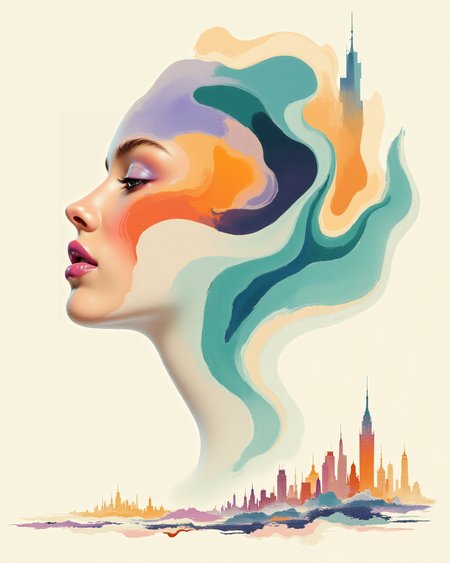 moabmi, curved shapes, geometric accents, profile view, soft gradient colors, delicate woman, high-resolution semi-realistic anime, abstract flowing background, lavender lips, teal, orange, ivory, cityscape at background, <lora:Modern_Abstract_Minimalist:1.0>