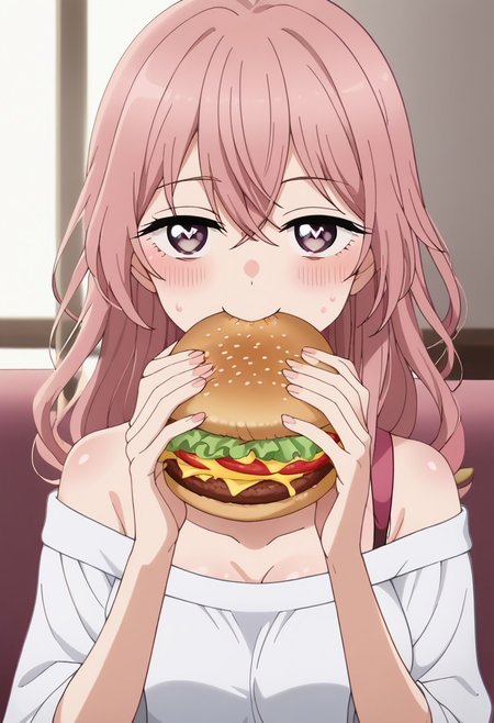 sitting on seat, upper body,
eating gurger, holdinf burger, dokaguiburger, both hands holding,
rating explicit,
BREAK
score_9,anime screencap, masterpiece, ambient lighting,
sajuna inui,pink hair,long hair,bangs,hair between eyes,
head tilt, looking at viewer, half-closed eyes, smile, blush,
sweating, steam, hearts, heart eyes,
BREAK
masterpiece, ambient lighting,
medium breasts, round breasts, 
pink off-shoulder shirt,
table