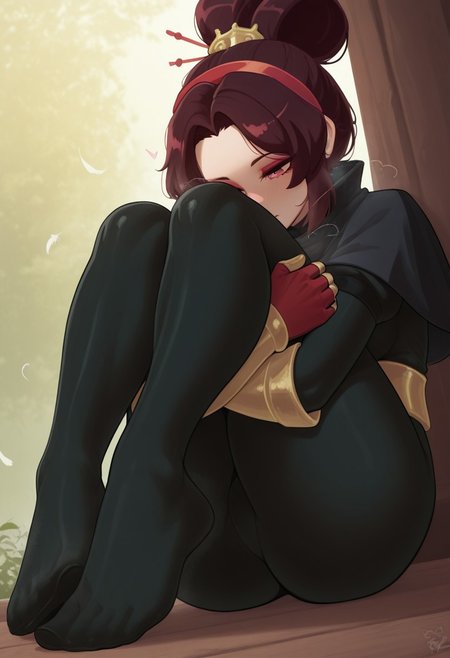 ryz,  outdoors, undershirt, falling feathers, black bodysuit, hair stick, hugging own legs, , gauntlets,   eyeshadow,   red gloves,  high ponytail,  , black capelet, red hairband, pink eyes, 1girl, solo, feet, visible breath,   dynamic angle, foreshortening, smell, steam,