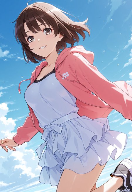 safe_pos, 1girl,m3gum1kat0,brown hair, bangs, pupils,brown eyes,medium breasts, short hair, flowing hair

dynamic jump, cheerful expression, flowing short hoodie, layered frilly skirt, high-top sneakers, wind-blown hair, bright blue sky, fantasy atmosphere, looking at viewer,

from 45 degrees, dynamic angle, cowboy shot, masterpiece, best quality, ultra-detailed, best illustration, ((detailed eyes, fingers fix)), ((five fingers))