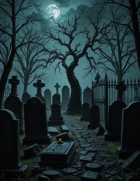 A dark and eerie cemetery shrouded in mist, with ancient, weathered tombstones covered in moss. The scene is dimly lit by a pale, ghostly moonlight filtering through twisted, leafless trees. Cracked stone pathways lead through the graveyard, partially hidden by overgrown grass and creeping ivy. A few old, gothic-style mausoleums stand in the background, their iron gates slightly ajar, adding to the mysterious and haunting atmosphere. Wisps of fog swirl around the gravestones, enhancing the eerie mood. The overall color palette consists of deep blues, grays, and muted greens, creating a cold and unsettling ambiance. The image is highly detailed and photorealistic, capturing the textures of the aged stone, the fogâs movement, and the ominous shadows stretching across the ground. 
<lora:SDXLFaeTastic2400:0.4> <lora:extremely_detailed:0.4> extremely detailed,<lora:33r13_c3m3t3ry-ill:1>,33r13 c3m3t3ry, Masterpiece,best quality,hi res,8k,hi res,8k,award winning,(sharp focus, intricate, highly detailed),