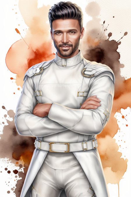 Watercolor painting 40 y.o. male, black short hair, brown eyes, smirk, facial hair, crossed arms, full body, clothes in white costume, ornament background, watercolor  <lora:Ignas LM XL:0.9> ignas . Vibrant, beautiful, painterly, detailed, textural, artistic
