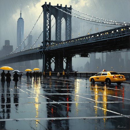 New York bridge, rain, people, canvas, oil paint, impasto brushstrokes, Richard Schmidt, Mark Legu, Jeremy Mann