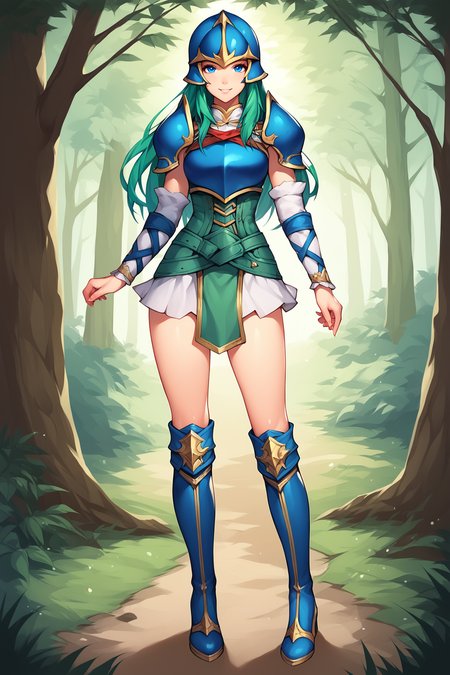 score_9, score_8_up, score_7_up, score_6_up, BREAK, NepheneeFEXL, blue eyes, green hair, long hair, sidelocks, medium breasts, blue armor, blue helmet, shoulder armor, breastplate, green corset, green loincloth, white sleeve, detached sleeve, guantlets, white skirt, blue thigh boots, solo, full body, standing, seductive smile, looking at viewer, forest, tree <lora:NepheneeFEXL:0.8>