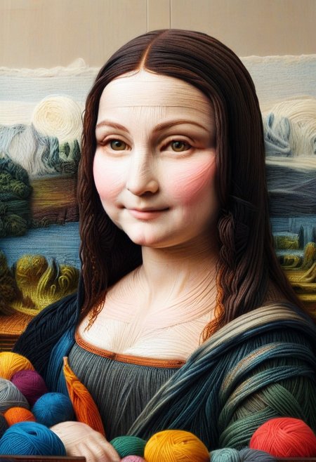 yrnwrld, made of yarn, yarn painting Mona Lisa, high quality,masterpiece,absurdres,incredible composition,extremely detailed, Mona Lisa