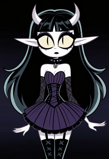 (masterpiece, best quality, good quality, very aesthetic, absurdres, newest:1.2),    1girl, solo, eyelashes, (beautiful eyes),   1girl, solo, long hair, black hair, purple and black hair, looking at viewer, horns, pointy ears, bangs, blunt bangs, slit pupils, yellow sclera, grey skin, makeup, eyeshadow, black lips, purple dress, black boots, knee boots, spikes, spiked collar, gothic,    ,      <lora:VampieNAI:1.0>,