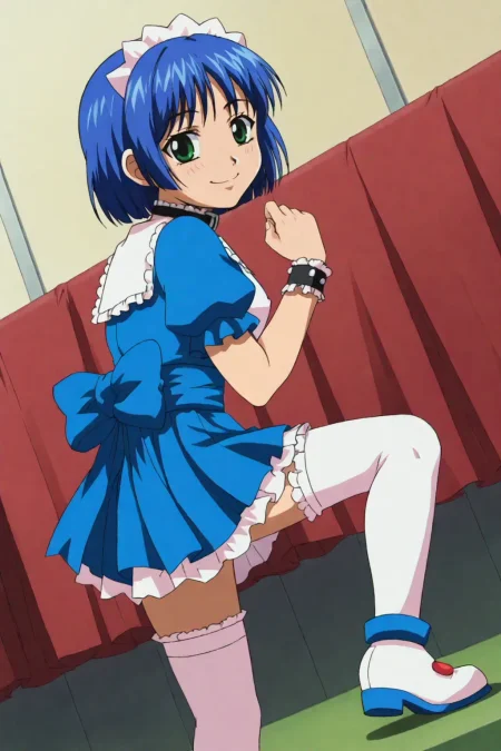 Score_9, best, masterpiece, uncensored,
1girl, solo, smile,
(TeraiMisuzu:1.2),  waitress, black belt collar with white frills, pom pom (clothes), frilled cuffs, blue sash with back ribbon, blue pleated miniskirt with white frills, frilled white thighhighs, white frilled waist apron, white with blue accents ankle boots with pink heart, frilled sailor collar with hearth brooch, blue frilled puffy short sleeves,
<lora:FamiresSenshiPuddingTeraiMisuzuTiramisu:0.8>​​​