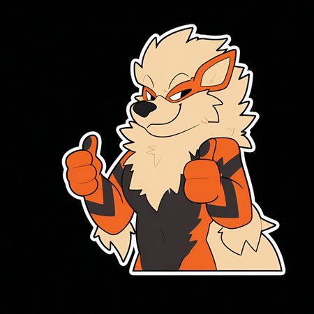 <lora:NowAndLater_Telegram_Sticker_Style_NAI-XL:1> NALTS, sticker, ((black background)), male, solo, anthro, furry, Arcanine, smiling, thumbs up, best quality, masterpiece
