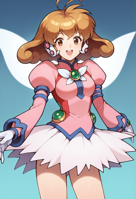 score_9, score_7_up, hd, (ultra hd quality details), source_anime,
solo, 1girl, kasugayuidef, antenna hair,
cyuidefclothes, magical girl, headgear, juliet sleeves, brooch, white gloves, skirt, wings,
looking at viewer, smile, open mouth, 
standing,
<lora:_kasuga_yui-elesico-pony:1>