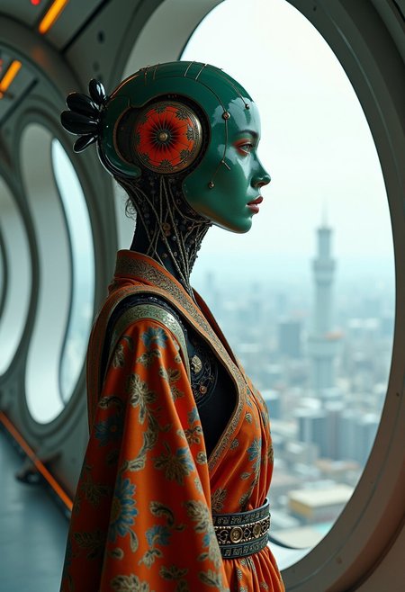 <lora:ck-Neurocore-Realistic-Cyborgs:1> in the style of ck-ncr, Fashion Editorial, photography, haute couture, wabi-sabi cyborg with colored ceramic materials ,(traditional intricate italian clothes:1.5) (style by Yuri Shwedoff),shallow depth of field, vignette, (Fujicolor Superia X-TRA 400) style by Nirav Patel, inside a fractal shaped Artemis Station spaceport megastructure, perfect focus, depth of field the view from afar, window view. vast scifi cyberpunk landscape