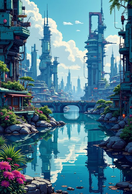 <lora:ck-nc-pastel-cyberpunk:1.0>, A digital artwork in the style of cknc, A futuristic city with a serene tranquil lake in the background.
