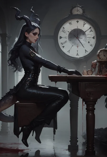 score_9, score_8_up, score_7_up,  realistic, side view, a beautiful dragon girl, full body, cosmic robe, (anthropomorphic:0.8), cosmic horror, black scales, small horns, straight horns, black makeup, leather gloves, detailed background, vintage style room, gothic, gothic palace, stone table, blood laboratory, magic spirit in the air, giant clock in the background  <lora:pony/twilight_style:0.8> <lora:pony/expressiveh:0.8> expressiveh