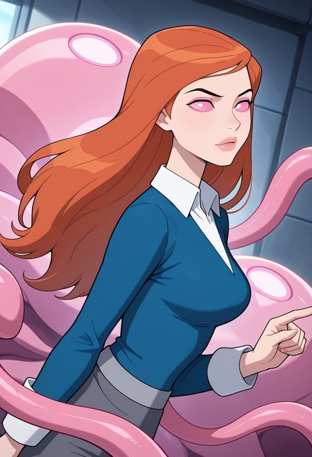gwenuaf, 1girl, long hair, solo, orange hair, lips, breasts, collared shirt, long sleeves, blue shirt, white shirt collar, dark grey skirt, black pants,,  solo,, orange hair, lips, breasts, masterpiece, best quality, amazing quality, very aesthetic, absurdres, newest, battle background, 
pink constructs, pink powers, no pupils, pink tentacles, pointing, upper body, , pink sclera, floating, floating pink constructs, floating pose,