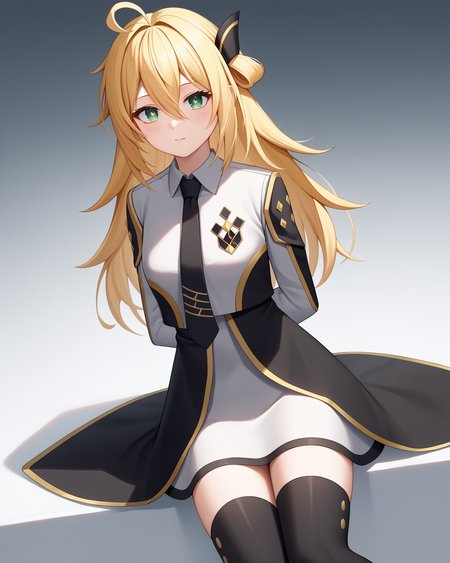score_9, score_8_up, score_7_up, 2024, highres, hi res, source_anime, best quality, masterpiece, 2d, intricate details, official style, anime, 4k, anime style,
1girl, solo, female, long hair, blonde hair, hair between eyes, green eyes, bright pupils, ahoge, hair ornament,
long sleeves, dress, thighhighs, necktie, white dress, black necktie, collared dress, two-tone dress, black dress, brown necktie,
sitting, arms behind back, cowboy shot, looking at viewer, white background, simple background,  <lora:Ssaraye1024_Pony:1>, duel monster, sky striker ace - raye,