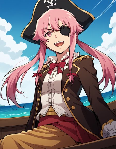 score_9, score_8_up, score_7_up, source_anime, <lora:yuno-gasai-s1-ponyxl-lora-nochekaiser:1>, yuno gasai, long hair, pink hair, pink eyes, sidelocks, ribbon, red ribbon, hair ribbon, twintails, medium breasts, <lora:pirate-costume-ponyxl-lora-nochekaiser:1>, pirate costume, pirate hat, skirt, gloves, jacket, shirt, eyepatch,, blue sky, sea, ocean, pirate ship, treasure, gold, smug, open mouth, from below, sitting,, , dutch angle, cowboy shot