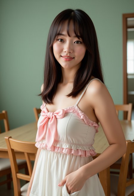 She is approximately 18 years old. Hyperrealism, she is looking at the camera, (dynamic angles), profile headshots of a beautiful, stunning unique female character. She has dark hair. her eyes are filled with joy and excitement, extravagant eyelashes. A photo of Sung_CDC, a woman, wearing a frilly white dress, with a pink bow. She is standing in a room with a dining table and chairs. The room also has a sink and a vase. The woman is posing confidently. simple sage green colored background. She has a slight smile on her face and is looking directly at the camera. making this image a masterpiece of photography and digital art. realistic. making this image a masterpiece of photography and digital art. Style: realistic hyper-detailed rendering, 32k UHD, expressive eyes, punk, graphic design, girl's face, pretty and cute, gleaming lips, telling a tale of adventure. Exuding confidence and serenity. The overall mood of the image is happy and relaxed,detailed skin texture,(blush:0.2),(goosebumps:0.3),subsurface scattering,whimsical,Detailed hand, Perfect hand. Perfection style.