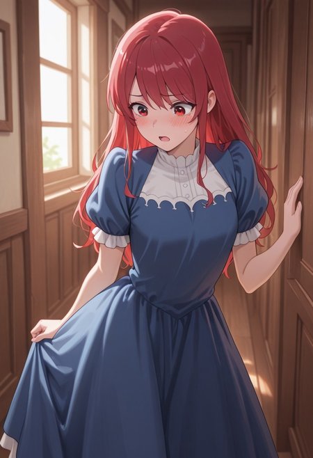 masterpiece,best quality,amazing quality, leeler sophia, red hair, red eyes, long hair, solo, dress, 1girl, hair down, open mouth, short sleeves, blush, blue dress, sweatdrop, indoors, puffy sleeves, puffy short sleeves