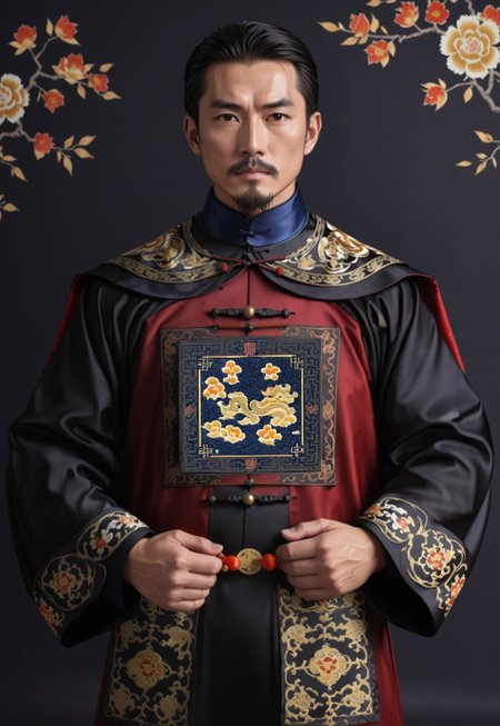 safe_pos, score_9, score_8_up, score_7_up, score_6_up, perfect anatomy, perfect proportions, best quality, masterpiece, high_resolution, high quality, male focus, bara, mature, masculine, manly, handsome, seductive, (asian man, mature man, black hair, black eyes, facial hair, beard), BREAK (Chinese mandarin court necklace beads, auspicious cloud pattern embroidery pants, chinese qing dynasty official first grade military officials uniform, <lora:qingchaoguanfu-sdxl:0.6>), upper body, stomach, outdoors, movie still, perfect face,