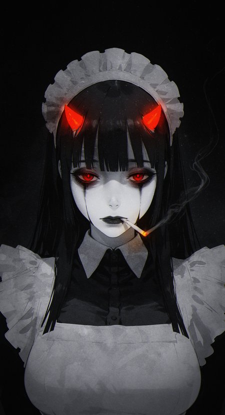 1girl,  (m omoo:1.25),  
,
solo, maid, breasts, portrait, straight-on, staring, half-closed eyes, looking at viewer, closed mouth, gloom \(expression\), straight hair, black hair, blunt bangs, blunt ends,  red pupils, smoking, depressed theme, dark theme, glowing eyes,  bags under eyes, partially colored, greyscale, monochrome, maid headdress, white headdress, black lips, runny makeup, nose,  stylized red small horns,
masterpiece, high score, great score, absurdres,
<lora:nhl-001-20:0.25> nhl-001,
<lora:nhl-002-nai:0.5> nhl-002,
<lora:nhl-003:0.25> nhl-003,
<lora:nhl-004:0.7> nhl-004, 
<lora:tenebriflora-wai:0.5> tfaix, 
masterpiece, best quality, amazing quality, very aesthetic,