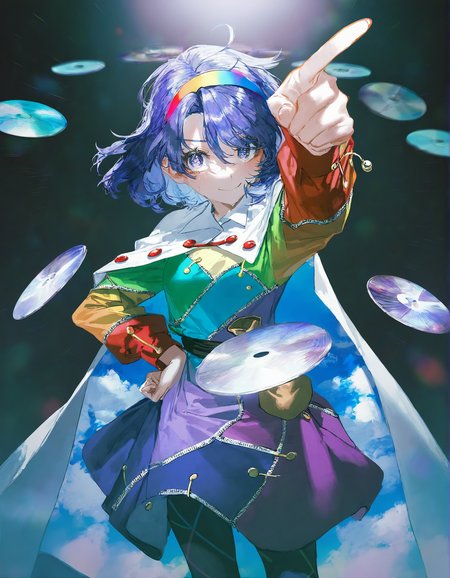 tenkyuu_chimata, 1girl ,rella, quasarcake:0.7, rolua, optical illusion, negative space, saturday_night_fever,blue_hair, breasts, cape, hairband , looking_at_viewer ,multicolored_hairband, pantyhose, purple_eyes ,short_hair ,smile, solo, sweat ,white_cape, disc,  disco,CDs, arm_up , hand_on_own_hip, index_finger_raised, outstretched_arm ,
<lora:illustrious_noobai_epsilon_pred_1_best_quality_v1:0.7> ,<lora:illustrious_noobai_epsilon_pred_1_masterpieces_v1:0.7>, <lora:ponyv4_noob1_2_adamW:0.5>, <lora:add_details_xl:0.7>, <lora:CDs_SDXL:1>,
masterpiece, best quality, amazing quality, very aesthetic, absurdres, newest,