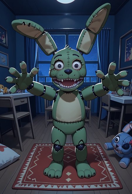 score_9, score_8_up, score_7_up, solo male, (high-angle view:1.1), pov, PlushtrapFNAF, rabbit ears, scut tail, teeth, wear and tear, green fur, petite, barefoot, 4 fingers, perfect hands, (large head:1.1), shortstack, small body, sharp teeth, fuzzy, plush body, seam \(sewing\), stitch \(sewing\), animatronic, glowing eyes, crooked whiskers, ragged, withered, 
masterpiece, detailed face, looking at viewer, smile, open mouth, nervous, knock-kneed, cocked head, zPDXL3, dark house, inside, nighttime, night, raised arms, hands up, reaching towards viewer, bedroom, carpet, chair, standing, living plushie, detailed background, dutch angle, spooky, perspective, side view