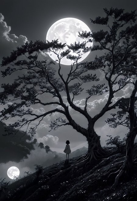 surreal theme, anime style, white fleecy hill, sprawling black and white tree, red neon moon in white and gray sky, max details, dynamic, great lighting, perfect shading, atmospheric, best quality, sharp focus, high contrast, stylized, clear, surreal, ultra quality, 8k, best quality, masterpiece, midjourneyv6.1