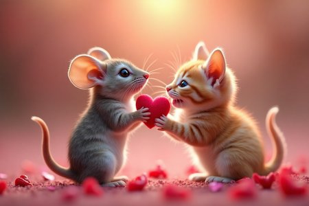a mouse on the left giving valentine heart to a kitten on the right