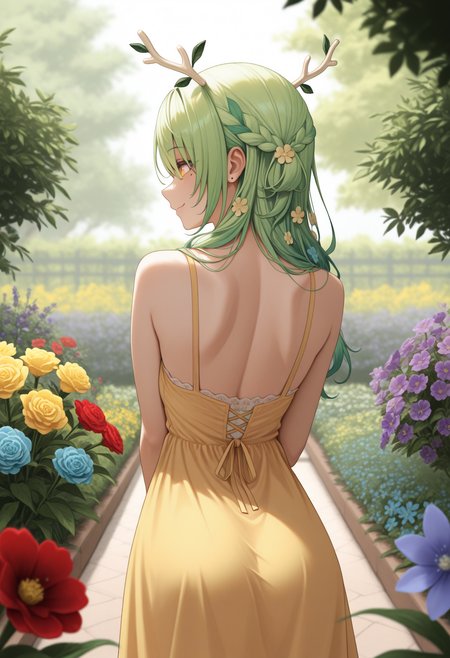 masterpiece, best quality, 1girl, solo, C3resF4una, yellow eyes, mole under eye, green hair, antlers, long hair, braided bangs, hair flowers, from behind, outdoors, garden, flower, red flower, blue flower, purple flower, yellow flower, looking back, yellow sundress, shoulder blades, sleeveless, smile, <lora:ChamCeresFaunaNoob:1>