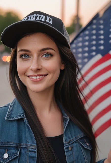 30yo woman holding an American flag.
Blue eyes. perfecteyes 
Wearing Denim jacket trucker hat. 
Long dark black slick back hair. No makeup. Dusk, Street light. Looking at camera POV. Smiling. Tilt head.
Medium Close Up shot. Bokeh. Bokeh light. semi Blurred background.