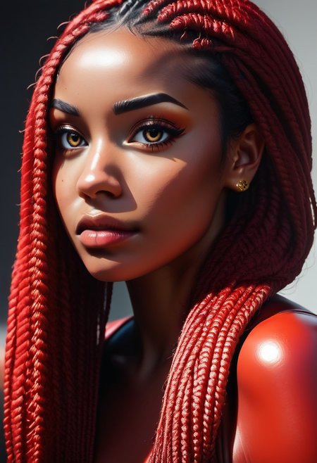 score_9, score_8_up, score_7_up, 1 woman, dark skin,  black2yellow box braids, long thick box braids, portrait,close up, b0ll4nd, beautiful, supermodel, red latex bodysuit, large orange earrings, DRKDL, dramatic lighting,skin texture style, detailed skin pore, detailed skin, realistic skin