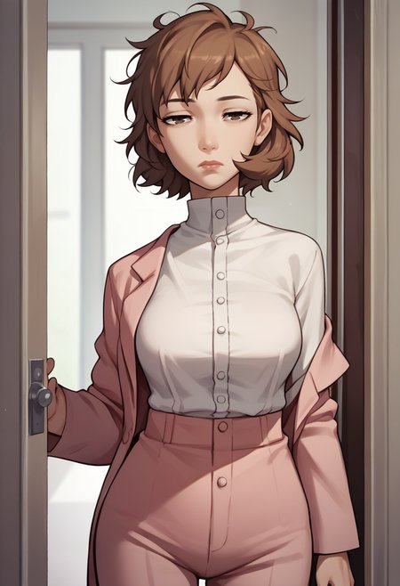 score_9, score_8_up, score_7_up, source_anime, 1girl, cowboy shot, looking at you, expressionless, half-closed eyes, <lora:zs_ToriumiXL:1> toriumip3, short hair, messy hair, brown hair, brown eyes, dress shirt, mature female, pink blazer, off shoulder, pink pants, indoors, doorway