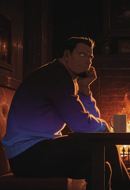 1boy, gradient sweater, rainbow gradient, sitting, crossed legs, head rest, thick arms, thick thighs, dark background, from side, turning head, facing viewer, looking afar,
black pants,
BREAK
<lora:Tsutomu_Muranaka_from_Detective_Conan_The_Bride_of_Halloween_v1.0_1769714:1>
tsutomumuranaka, mature male, no eyebrows, black hair, short hair, goatee, tan skin, thick arm hair,
BREAK
<lora:Summer Nights [LoRA] - NoobAI-XL EPS 1.0:0.36> low light, dark, night,
chiaroscuro, darkness, high contrast, wooden table, cup, fireplace, backlighting,
BREAK
very awa, masterpiece, best quality, absurdres, newest, perfect quality, detailed background, intricate details,