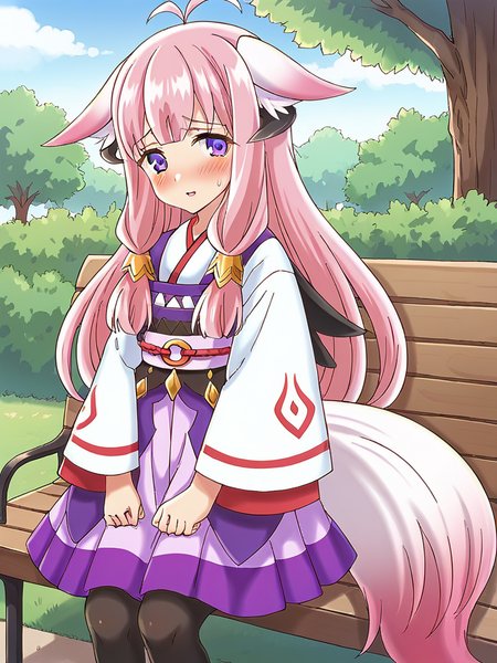 score_9, score_8_up, score_7_up,  
1girl, hina rf, long hair, pink hair, purple eyes, low-tied sidelocks, horns, fox ears, fox tail, 

japanese clothes, white shirt, long sleeves, purple skirt, pantyhose,
sitting, parted lips, shy, blush, looking at viewer, park bench, outdoors, park,