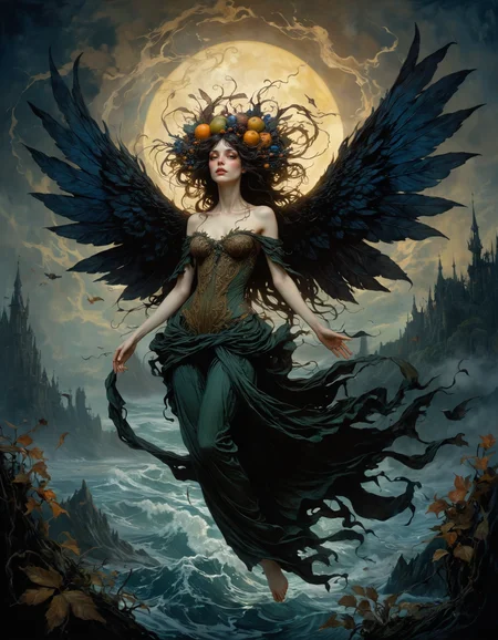 hyper detailed,  euphoric, liquid, diaphanous, seductive, by Abigail Larson and by Istvan Banyai, famous artwork inspired by (chuck lukacs:1.4) and (genevieve valentine:1.2) and (brian froud:1.4) and (gustave dore:1.2), detailed expressive eyes, fantasy style, the regal looking "fancy honkfruit", a creature of the dreadery skies, shown here with its majestic wobblefjording wings outstretched as it soars above a globbershmoggled realm of refloractive islands and vibrant cascading blortze of planet "dunkheim vii", dark, shadows, black, shadow hues, highly artistic, highly painterly, harmonic colors, expressive, ultimate aesthetic level, visible brushstrokes, masterclass artistry, vibrant energy, apocalyptic mood, atmospheric haze and dense fog, strong winds,  highly aesthetic, otherworldly, limited palette,  faded colors, washed out colors, extremely dark, extremely low key lighting, dark shadows, perfect composition, full panoramic shot