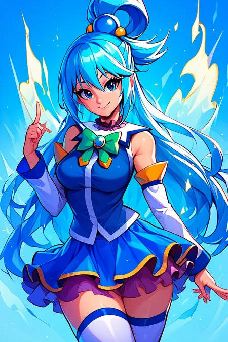 score_9, score_8_up, score_8, medium breasts, (curvy), cute, eyelashes,       ,,, , ,,,  zzAqua, blue hair, long hair, blue eyes, single hair rings, hair ornament, looking at viewer,  detached sleeves, skirt, shirt, thighhighs, bare shoulders, white thighhighs, blue skirt, blue shirt, green bow,  <lora:Aqua_Konosuba_PDXL:0.8>,  ,,,, BREAK, embedding:zPDXL, Expressiveh, ,,, <lora:EnergyCAT:1.0>, solo, smile, looking at viewer, aura, blue sky, ,,, <lora:SDXLFaeTastic2400:0.5>, <lora:Expressive_H-000001:0.4>,