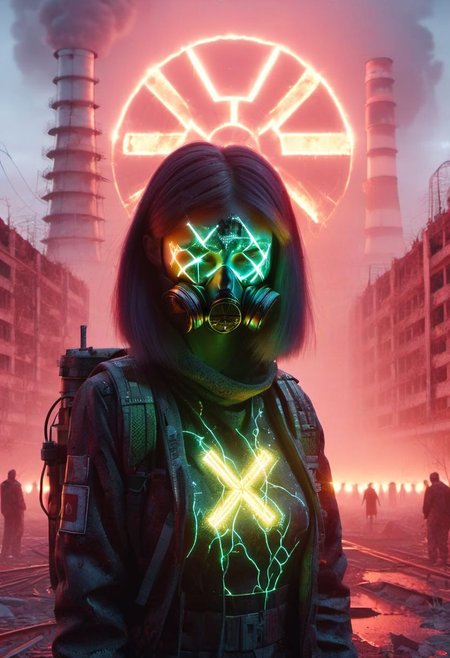 4D render, Chernobyl disaster, nuclear ,  Apocalypse,girl, detailed face, portrait, glowing x, minimalist outfit, anti social , ,cyberpunkartstyle,ruined ancient city,Professional styling, intricate details,8k post production, faithful, Religious denomination,