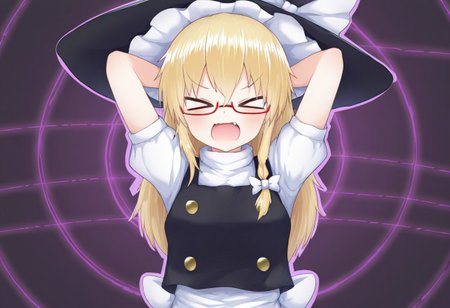 best quality, masterpiece, 
1girl, solo, kirisame marisa, witch hat, glasses,
arms behind head, arms up, short sleeves,
> <, v-shaped eyebrows,
open mouth, fang, screaming, dynamic pose,
spiral background, purple background, black background,