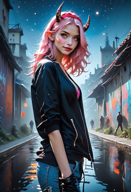 score_9, score_8_up, score_7_up, rating_explicit, photorealistic, ultra detailed,
1girl, 30 years old, long pink hair, red headband,  open top leather jacket, large breasts, standing, from the side, friendly, inviting, seductive, quirky, (torn t-shirt:1.1), magenta top, ((pulling down T-shirt neckline:1.2)), cleavage, emotive, smiling, biker boots, aroused, squatting pose, ((demon horns:1.2)), purple eyes,slit pupils,pointy ears, feathered wings, sparkly silver wings, detailed eyes, detailed face, detailed horns,
Hard flash, shadows casts, dark street, located under a bridge, graffiti on walls, (starry night:1.9), 
, MJ, cr33p, 
(mgqsaki)