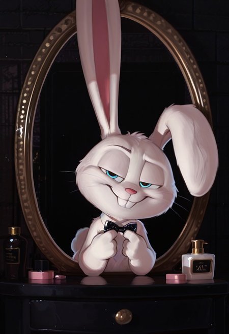 masterpiece, amazing quality, absurdres, ultra-detailed, detailed fluffy fur, no humans, furry male, solo, short, alec_azam, 1boy, white fur, blue eyes, whiskers, buck teeth, grin, teeth, rabbit tail, long ears, (droopy ears:1.1), unaligned ears, smug, half-closed eyes, eyelids, big black bowtie, sequined bowtie, glitter bowtie, detached collar, adjusting bowtie, hands up, head tilt, fluffy, body fur, fewer digits, 4 fingers, looking at viewer, big head, upper body, leaning forward, raised eyebrow, 
BREAK
looking at mirror, indoors, dressing room, vanity table, v4n1ty, hollywood mirror, mirror lights, bottles, (cosmetics:0.8), dark room, brick wall, light particles, detailed shading, WaiIL25PosC