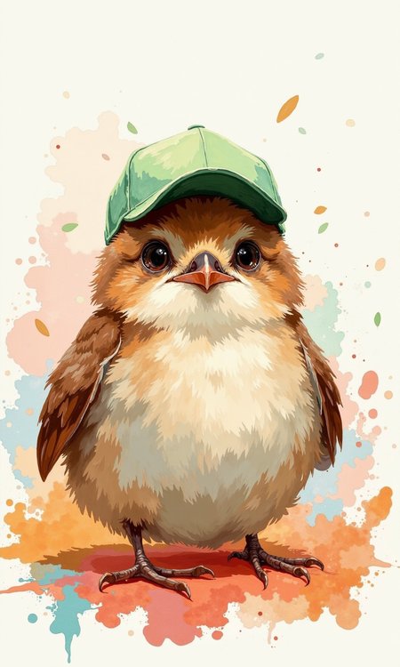 Close-up of a watercolor painting. 
A small bird, likely a sparrow, is the central subject. It's depicted in a style that suggests cuteness and warmth.  Its plumage is a mix of browns, tans, and muted, light beige colors. The bird has large, expressive eyes and a rounded, fluffy body. It wears a light, lime green baseball cap. The cap sits atop the bird's head, emphasizing its small size and adding a playful or cheerful element.
The background features an abstract pattern of watercolor splatters and splashes of color, predominantly in shades of orange, pink, and light blue. These splashes are loosely arranged and create a soft, ethereal feel. The colors intermix subtly.
The overall impression is one of artistry and vibrancy, with a focus on creating a whimsical and appealing portrayal of a small bird. The watercolor technique's use of soft edges and color blending contribute to the artistic quality of the piece. The bird is centered and the splatters surrounding it are not overly dominant, leaving focus on the bird's expression. The light source and background colors contribute to the overall aesthetic, making the colorful splatters less distracting.
 <lora:FLUX-daubrez-DB4RZ-v2:1> DB4RZ, DB4RZ style painting