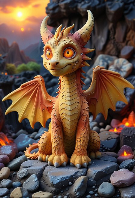 (medium full shot) of (mythical dragon) with hazel eyes, four-legged, golden yellow scales, rough scales, tattered wings, long horns, spiked collar, set in  an ancient volcanic lair, with weathered stones, mysterious markings, a sense of history, at dawn,  Masterpiece,best quality, very aesthetic