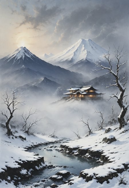 A Japanese onsen ryokan surrounded by snow-covered mountains, where hot springs offer solace in a winter wonderland, Neural engineer designing consciousness-enhancing implants in the foreground, <lora:Neon_Style_XL:0.7>, <lora:Desolation:0.7>, <lora:EnvyEndOfTimeXL01:0.7>, <lora:great_lighting:0.4> great lighting